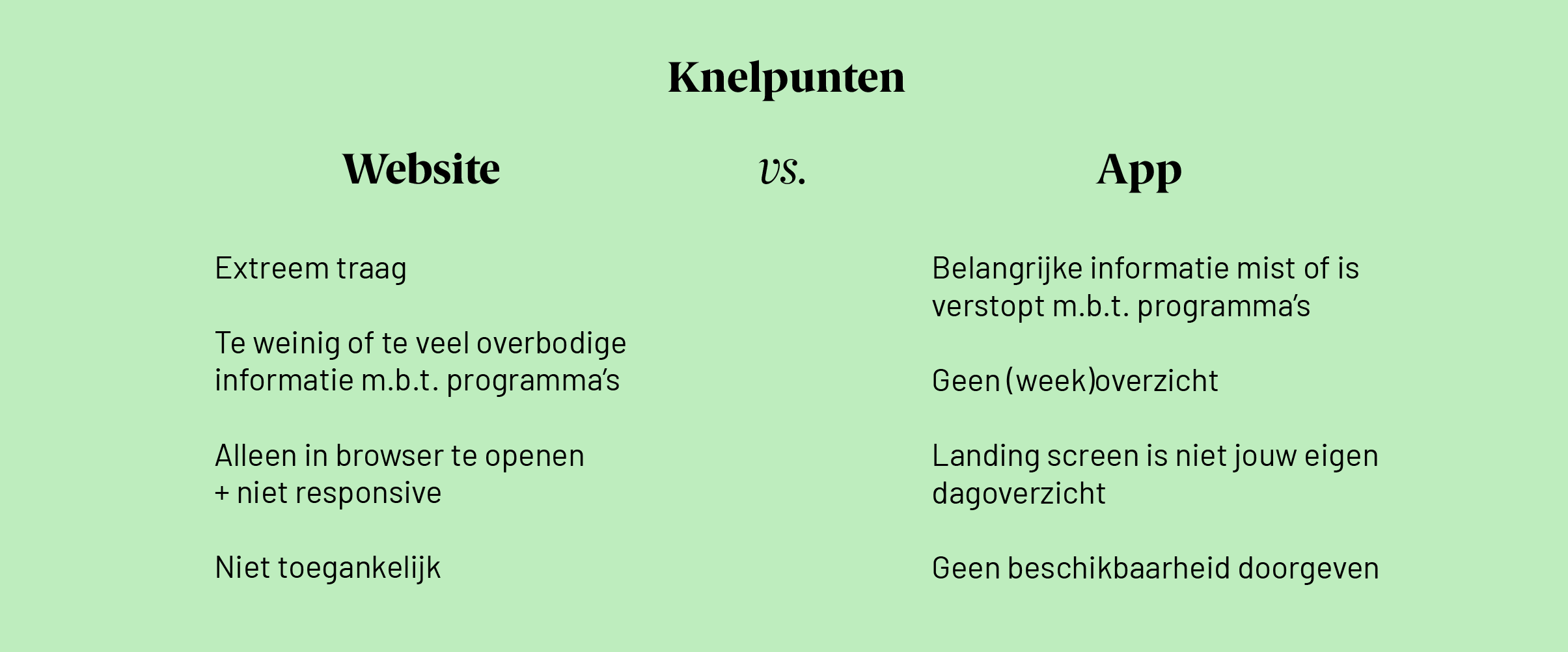 Een plaatje met daarop aangegeven de knelpunten van de huidige rooster website en app.