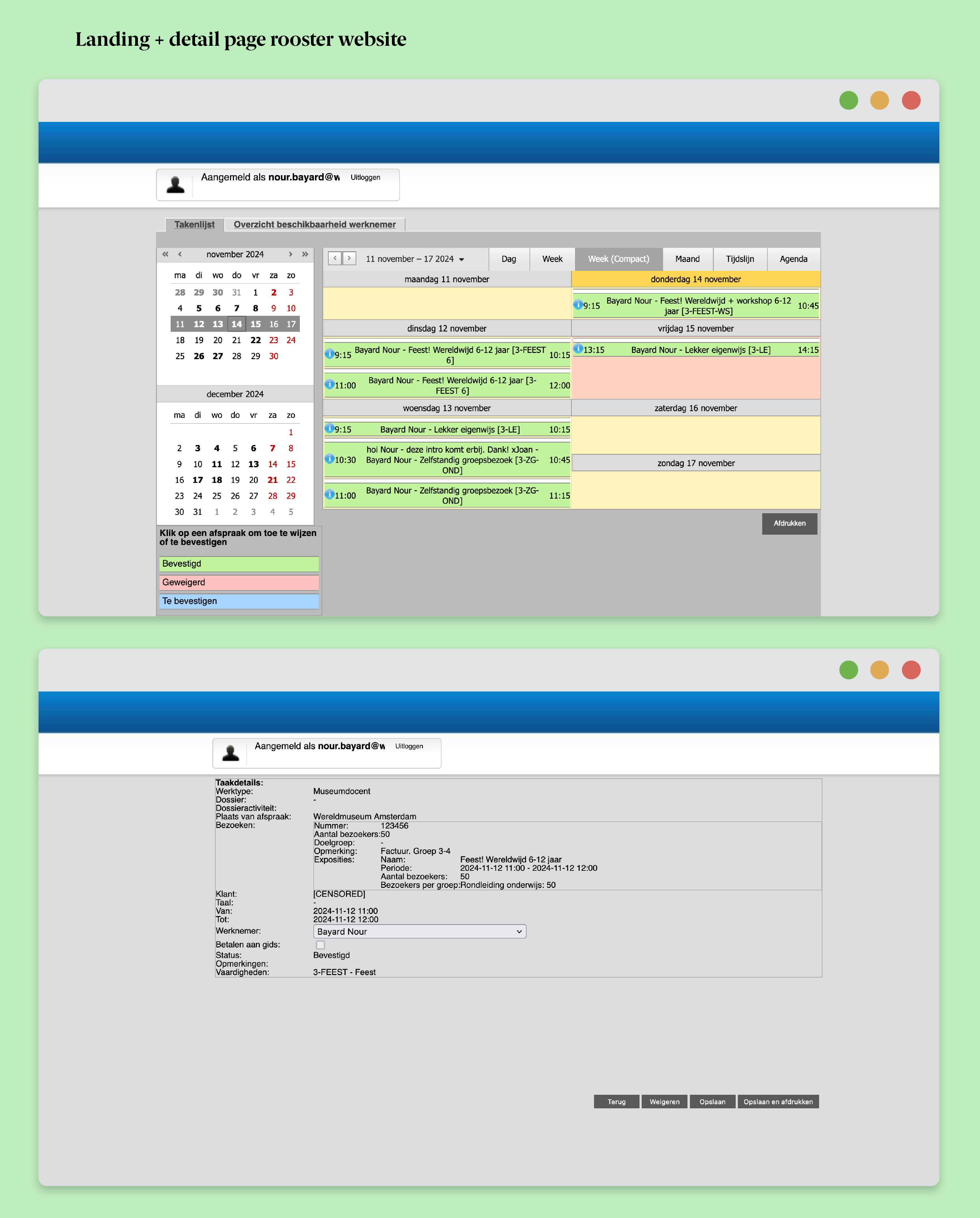 Een afbeelding met twee screenshots van de huidige rooster website. De eerste is de landing page en de tweede is de detailpagina.